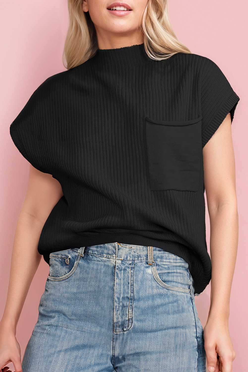 Patch Pocket Ribbed Knit Short Sleeve Sweater